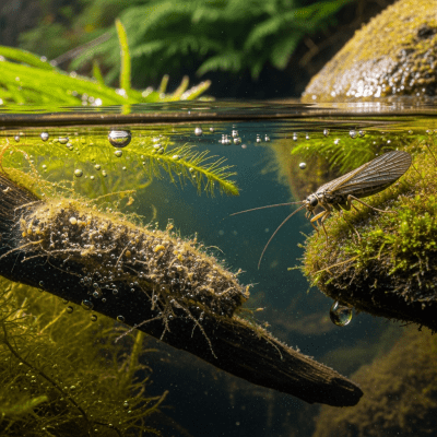 Detailed image showing a Caddisfly in its natural environment