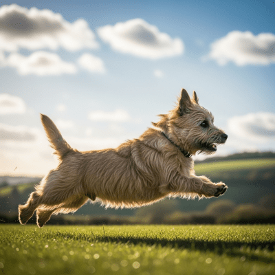 Full body action shot of a Cairn Terrier