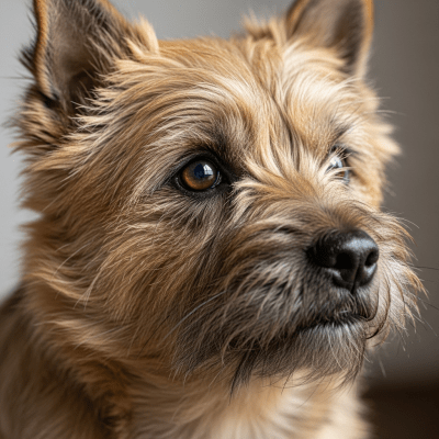 Close-up photograph of the face of a Cairn Terrier