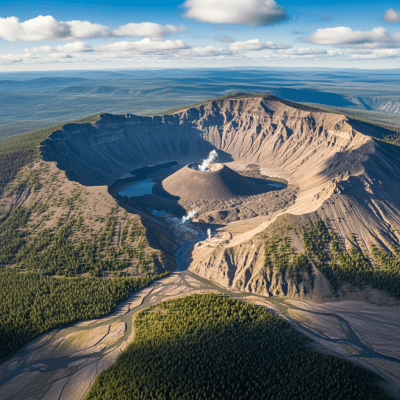Aerial view photograph of the Caldera, showcasing its shape and crater from above