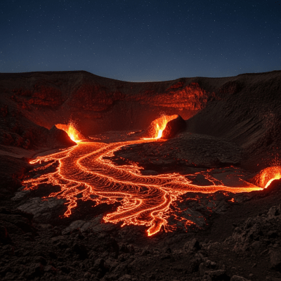 Nighttime image of the Caldera, highlighting glowing lava and illuminated volcanic features