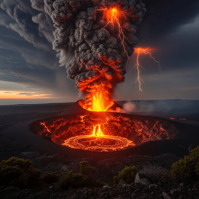 Image depicting the Caldera during an eruption event, capturing lava flow, ash plume, and dynamic movement