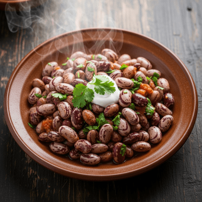 Image of cooked Calico Bean (beans) presented as part of a traditional dish or cuisine, plated attractively and photographed from above