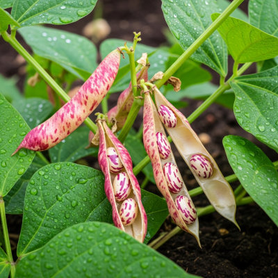 An image of Calico Bean, belonging to the taxonomy beans, displayed in its natural environment—such as growing on a plant or vine, surrounded by leaves and soil