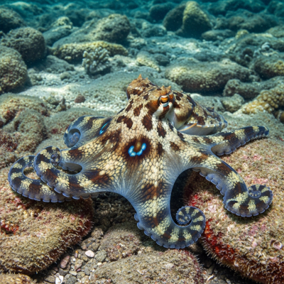 Illustration of a California Two-Spot Octopus displaying camouflage behavior within its environment, blending into rocks, sand, or coral