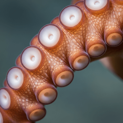 Naturalistic close-up photograph of a single arm of a California Two-Spot Octopus, focusing on the suckers, skin texture, and coloration details