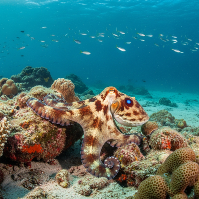 A realistic underwater scene featuring a California Two-Spot Octopus of the taxonomy octopuses in its natural marine environment