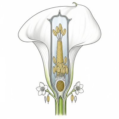 Cross-sectional illustration of a Calla Lily (flowers), showing internal parts such as stem, petals, and reproductive organs