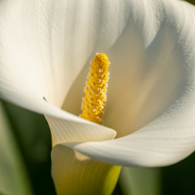 Detailed macro image of a Calla Lily (flowers), focusing on the intricate structure of petals, stamens, and pistil