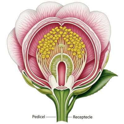 Cross-sectional illustration of a Camellia (flowers), showing internal parts such as stem, petals, and reproductive organs