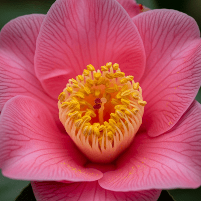 Detailed macro image of a Camellia (flowers), focusing on the intricate structure of petals, stamens, and pistil