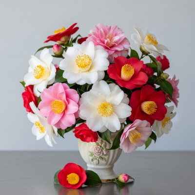 Image of a Camellia (flowers) arranged in a traditional bouquet or floral arrangement