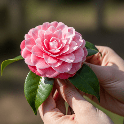 Photograph of a Camellia (flowers) being held or interacted with by a person in a gentle way