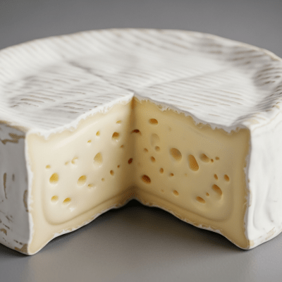 Close-up cross-sectional view of a Camembert, showing its internal texture and structure