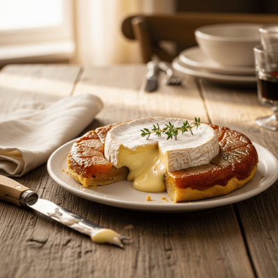 A piece of Camembert being used in a classic culinary preparation or dish where it is commonly featured