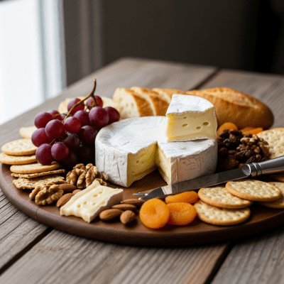 A serving of Camembert arranged as part of a traditional cheese platter with fruits, nuts, and crackers