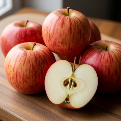 A simple arrangement showing several whole and one cut-open Cameo, displayed on a wooden surface