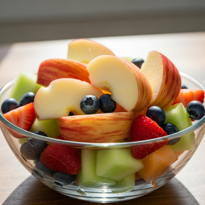 A photograph of a freshly sliced Cameo of the taxonomy apples, presented as part of a fruit salad in a clear bowl
