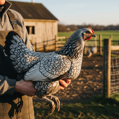 Photograph of a Campine from the chicken taxonomy interacting with humans in a typical farm setting