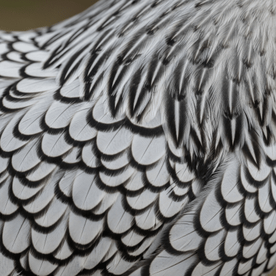 Close-up macro photograph highlighting the feather texture and coloration of a Campine from the chicken taxonomy