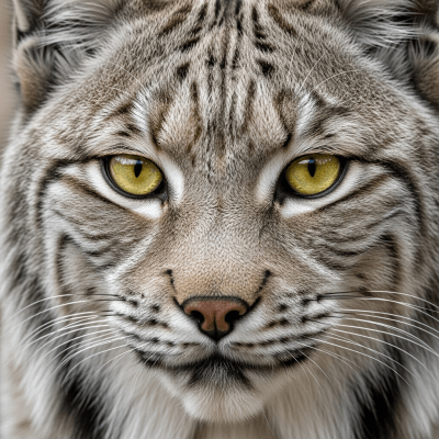 Close-up macro photograph focusing on the facial features and fur texture of a Canada Lynx