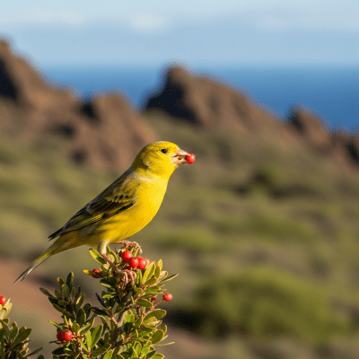 Photorealistic image of a Canary (birds) in its typical natural environment