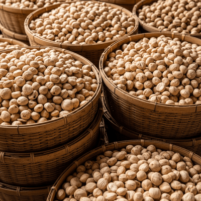 Photo showing harvested Candlenut (nuts) nuts in bulk, such as in baskets or containers
