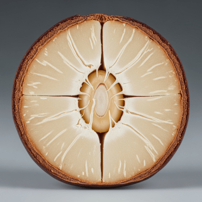 Macro close-up image showing the interior cross-section of a Candlenut (nuts)