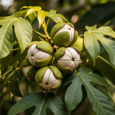 Photograph of a Candlenut (nuts) in its natural environment, such as on the tree, bush, or ground where it grows