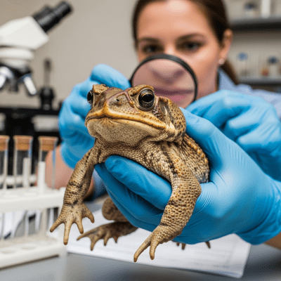 Photograph showing a Cane Toad in interaction with humans or within a cultural context, such as being observed by scientists or featured in educational settings