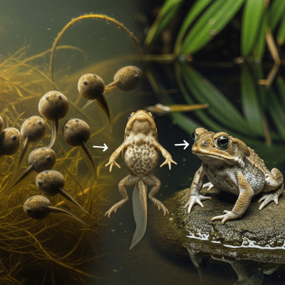 Image of a Cane Toad (amphibians) at the moment of transformation, such as metamorphosis from tadpole to adult