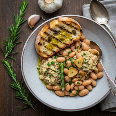 Image of cooked Cannellini Bean (beans) presented as part of a traditional dish or cuisine, plated attractively and photographed from above