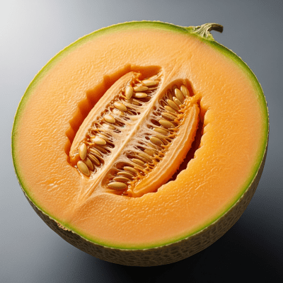 A close-up image showing a cross-section of the Cantaloupe, belonging to the fruits taxonomy