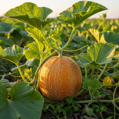 A photograph of a fresh Cantaloupe from the fruits taxonomy as it appears in its natural growing environment, such as on a tree, bush, or vine