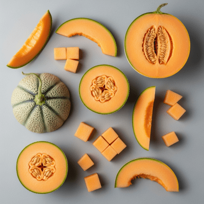 An overhead view photograph of several pieces of the Cantaloupe, from the fruits taxonomy, arranged aesthetically on a plain background