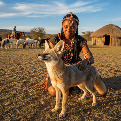 Image of a Cape Fox interacting with humans in a cultural or practical context