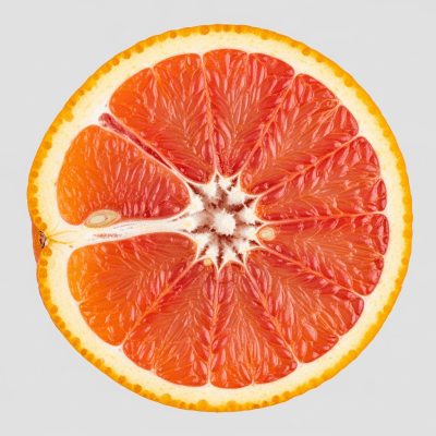 A detailed close-up cross-sectional image of a Cara Cara Orange from the oranges taxonomy, sliced cleanly in half to reveal the interior segments, pulp, and rind structure