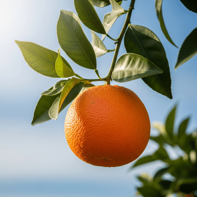 A naturalistic scene featuring a Cara Cara Orange from the oranges taxonomy growing on a tree with leaves and branches visible