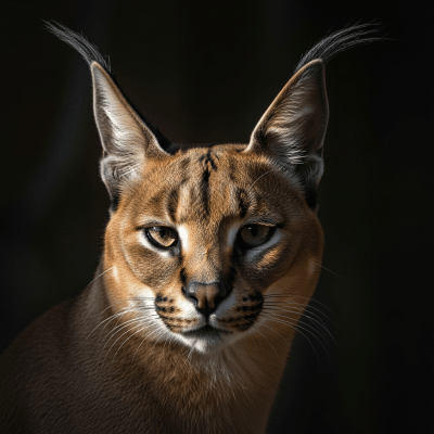 Editorial-style portrait of a Caracal (felines), emphasizing its unique features and personality.