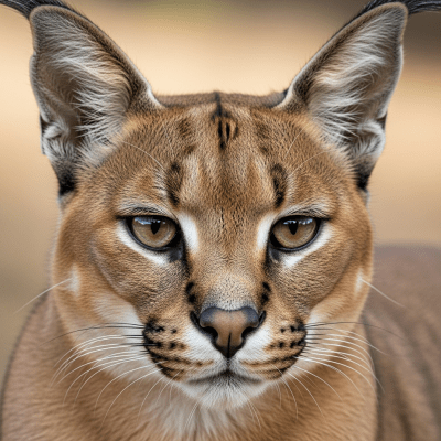 Close-up macro photograph focusing on the facial features and fur texture of a Caracal
