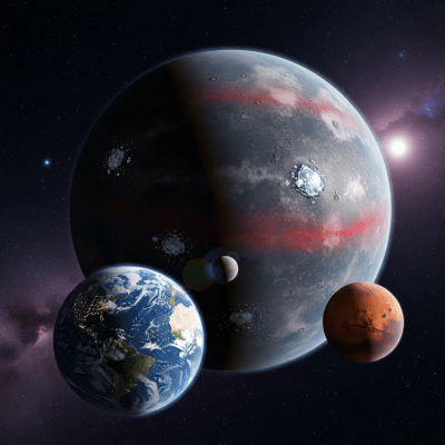 Illustration of a Carbon planet (planets) as it might appear in an educational context, with canonical example planets shown nearby for reference