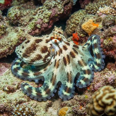 Illustration of a Caribbean Reef Octopus displaying camouflage behavior within its environment, blending into rocks, sand, or coral