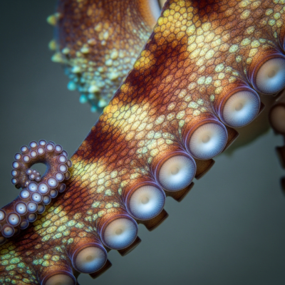 Naturalistic close-up photograph of a single arm of a Caribbean Reef Octopus, focusing on the suckers, skin texture, and coloration details