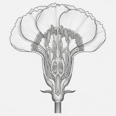Cross-sectional illustration of a Carnation (flowers), showing internal parts such as stem, petals, and reproductive organs