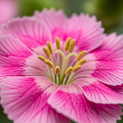 Detailed macro image of a Carnation (flowers), focusing on the intricate structure of petals, stamens, and pistil