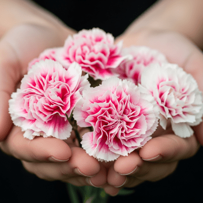 Photograph of a Carnation (flowers) being held or interacted with by a person in a gentle way
