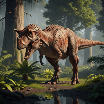 Realistic depiction of a Carnotaurus in its prehistoric natural environment