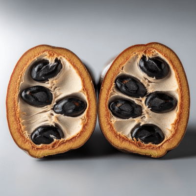 Close-up macro image of the Carob (legumes) cut in half, displaying its internal structure and details such as seed arrangement, pod interior, or cross-section textures