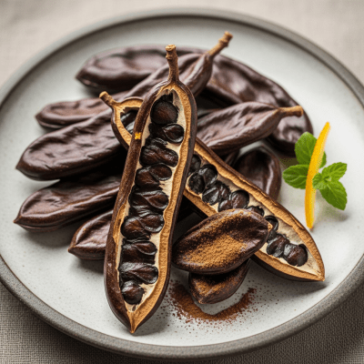Image of cooked or prepared Carob (legumes) as it appears in a traditional dish or common culinary usage, presented on a clean plate with minimal garnish