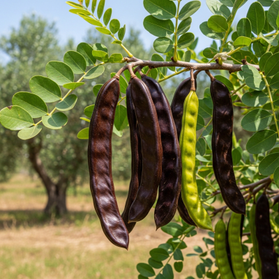 Photograph of the Carob (legumes) growing naturally on its plant in an outdoor agricultural or garden setting, showing leaves, pods, and surrounding soil or greenery